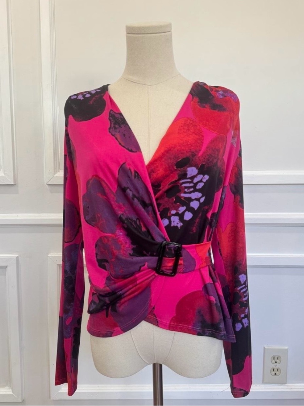 Frank Lyman Design Fuchsia and Purple Floral Wrap Top with Belt